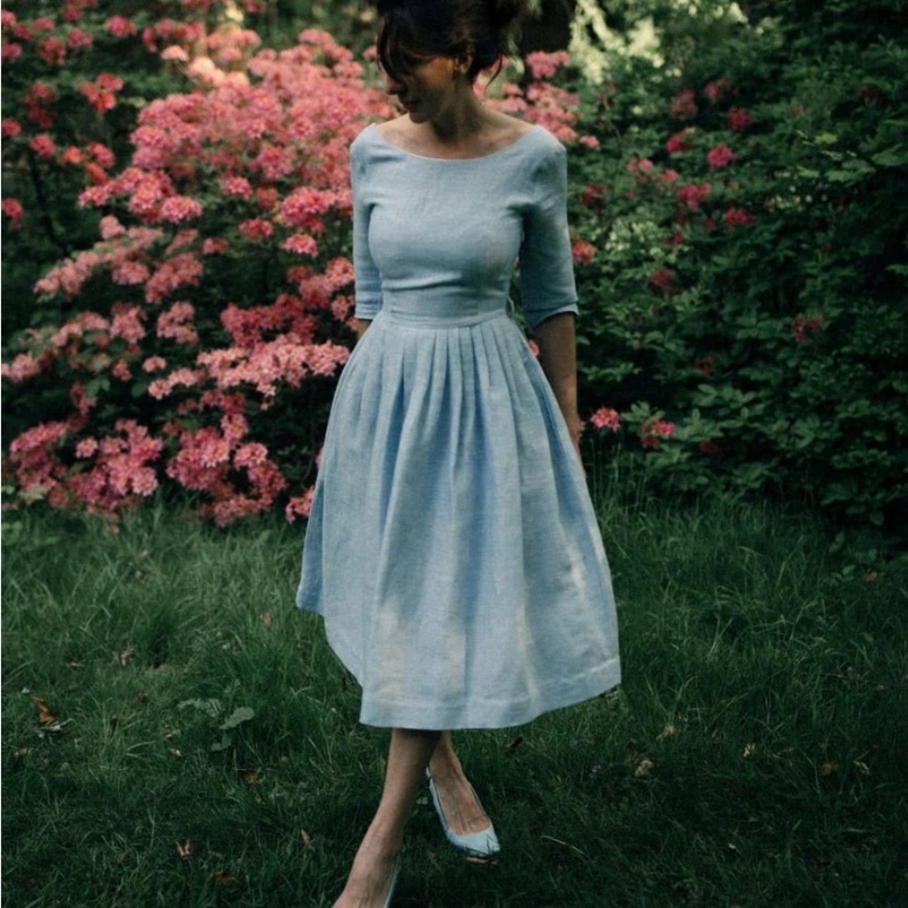 MRSPOMERANZ Custom-made handmade pure linen fit flare light blue dress